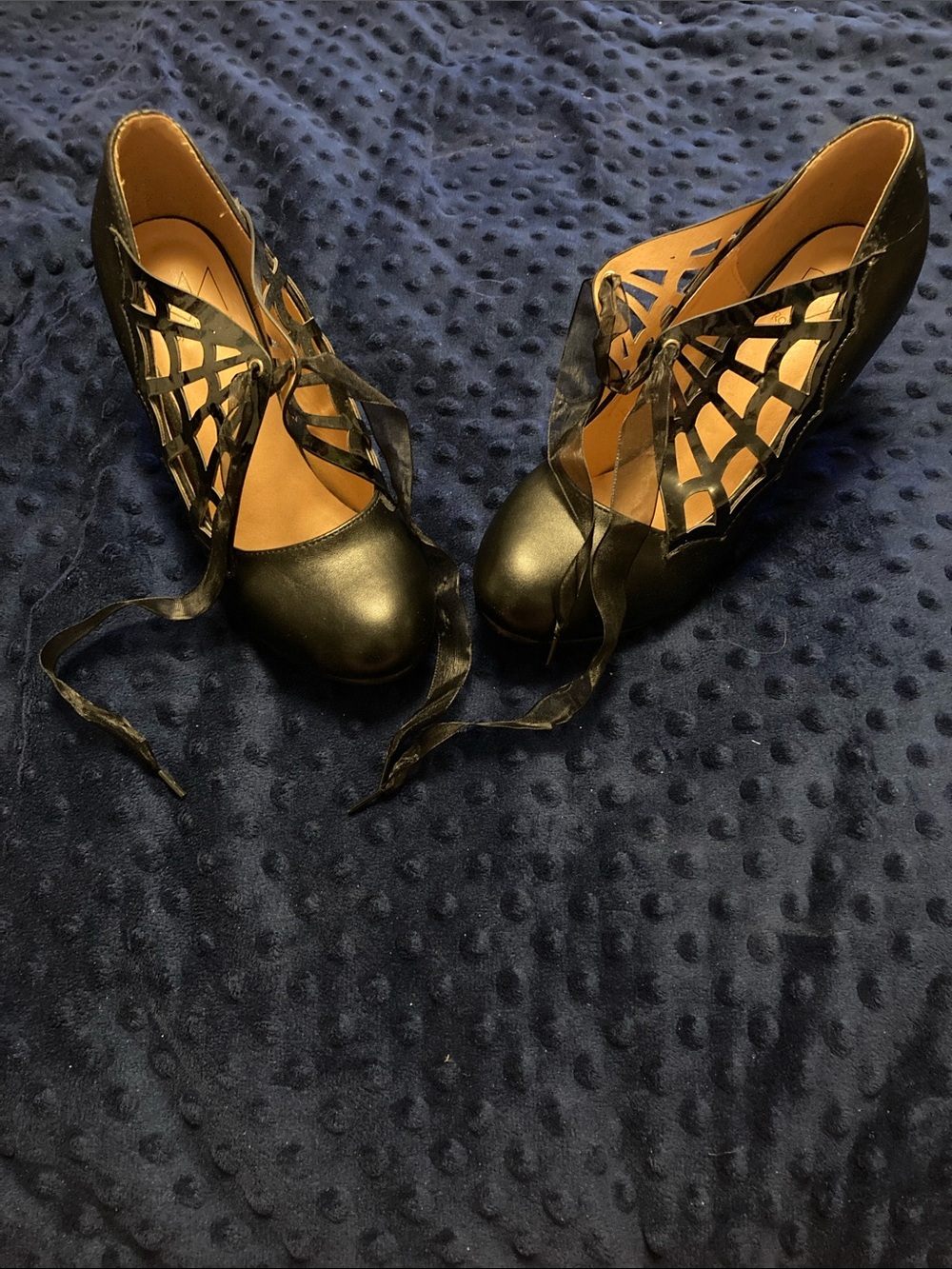 Royal Monk Black Lace-Up Spider Web Cutout Heels